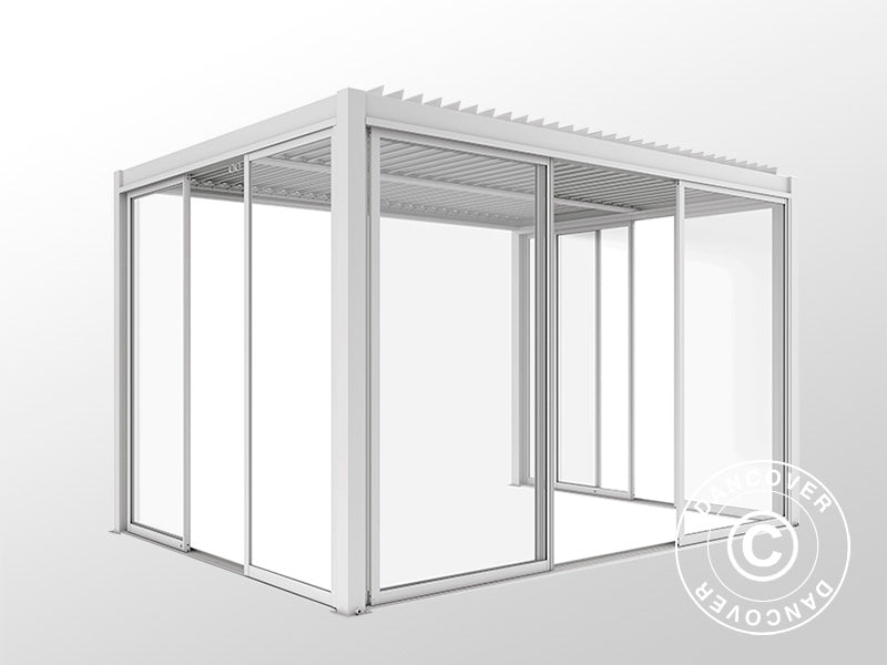 Pergola bioclimatique San Pablo Alu+ avec portes coulissantes, 3x4m, Blanc