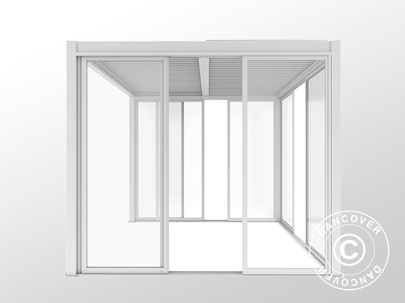 Pergola bioclimatique San Pablo Alu+ avec portes coulissantes, 3x4m, Blanc