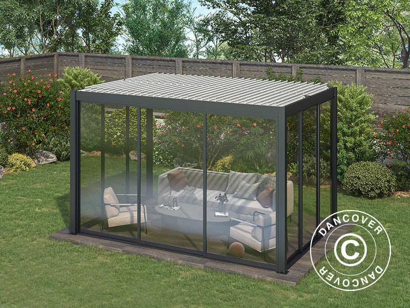 Gazebo pergola bioclimatico San Pablo Alu+ con porte scorrevoli, 3x4m, Nero/Bianco