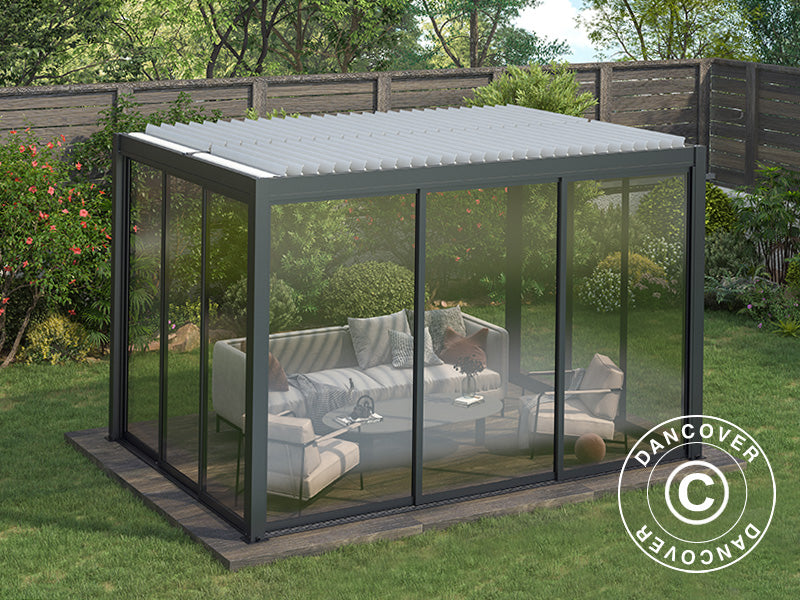 Gazebo pergola bioclimatico San Pablo Alu+ con porte scorrevoli, 3x4m, Nero/Bianco