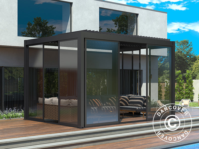 Pergola bioclimatique San Pablo Alu+ avec portes coulissantes, 4x4m, Noir