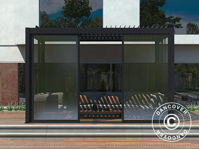Pergola bioclimatique San Pablo Alu+ avec portes coulissantes, 4x4m, Noir