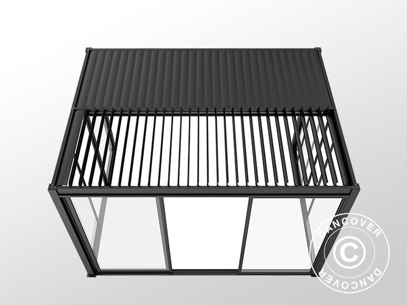Pergola bioclimatique San Pablo Alu+ avec portes coulissantes, 4x4m, Noir