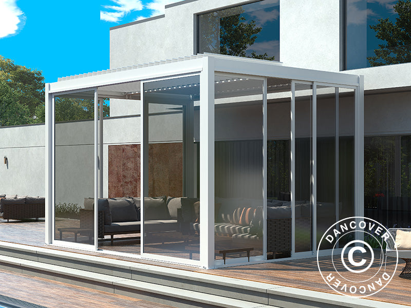Pergola bioclimatique San Pablo Alu+ avec portes coulissantes, 4x4m, Blanc