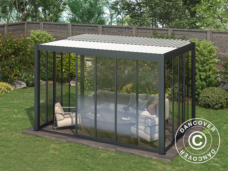 Gazebo pergolato bioclimatico San Pablo Alu+ con porte scorrevoli, 4x4m, Nero/Bianco