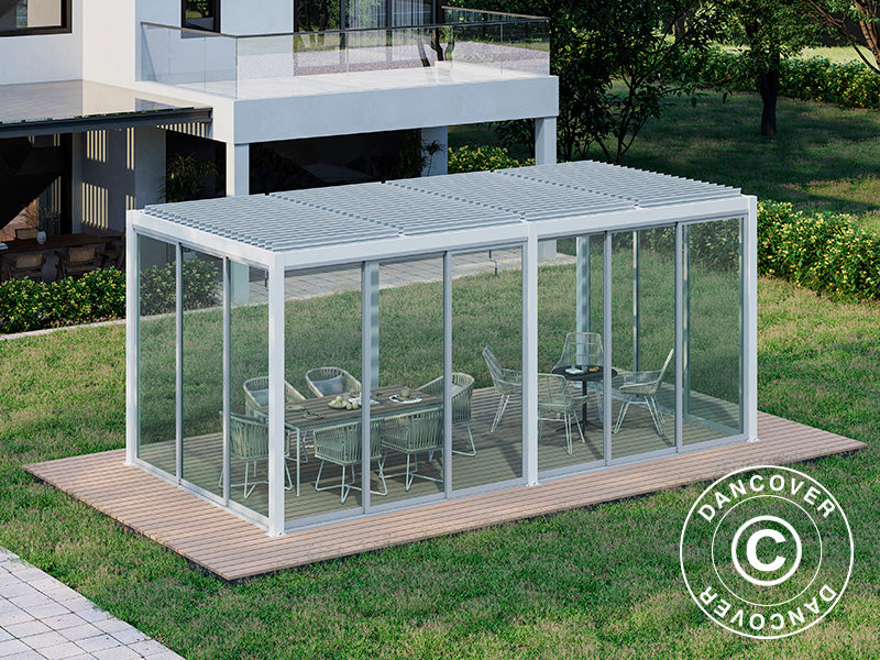 Gazebo pergola bioclimatico San Pablo Alu+ con porte scorrevoli, 3x5,8m, Bianco