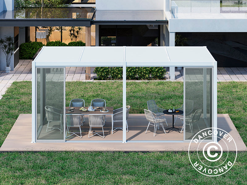 Gazebo pergola bioclimatico San Pablo Alu+ con porte scorrevoli, 3x5,8m, Bianco