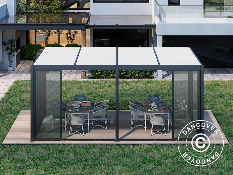 Gazebo pergola bioclimatico San Pablo Alu+ con porte scorrevoli, 3x5,8m, Nero/Bianco