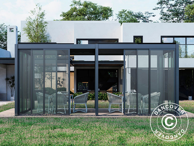 Pergola bioclimatique San Pablo Alu+ avec portes coulissantes, 4x5,8m, Noir