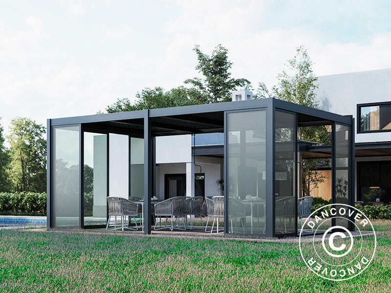 Pergola bioclimatique San Pablo Alu+ avec portes coulissantes, 4x5,8m, Noir