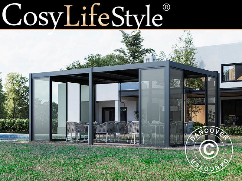 Pergola bioclimatique San Pablo Alu+ avec portes coulissantes, 4x5,8m, Noir