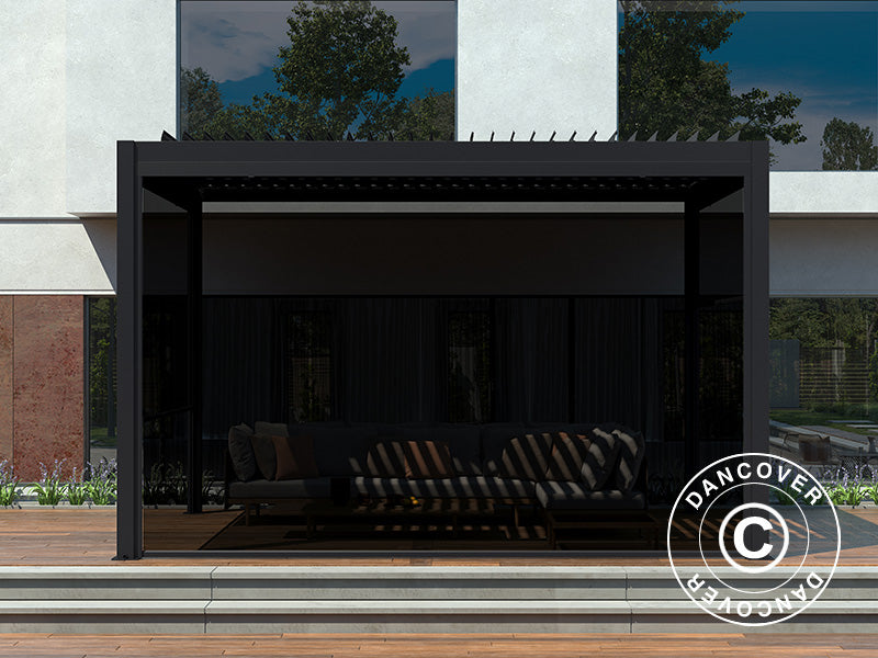 Tonnelle de jardin bioclimatique San Pablo Alu+, 4x4m, avec 4 parois latérales, Noir