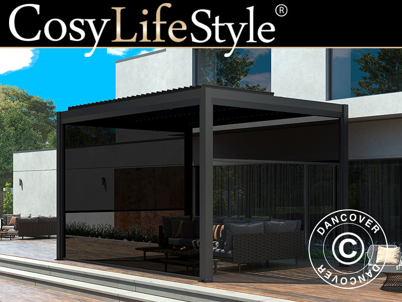 Bioklimatischer Pergola-Pavillon San Pablo Alu+, 4x4m, inkl. 4 Seitenwände, Schwarz