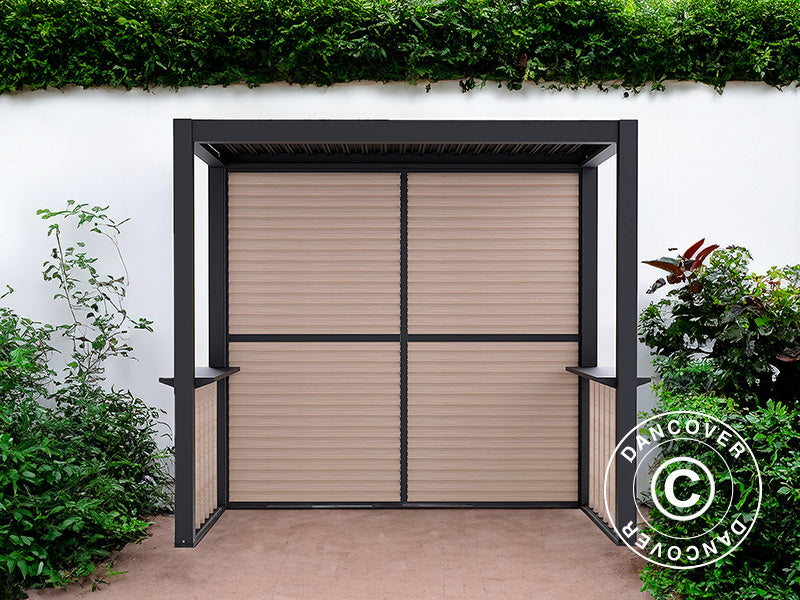 Pergola San Juan per barbecue, con pareti e lati a lamelle, 2,5x1,5x2,3m, Nero/Effetto legno