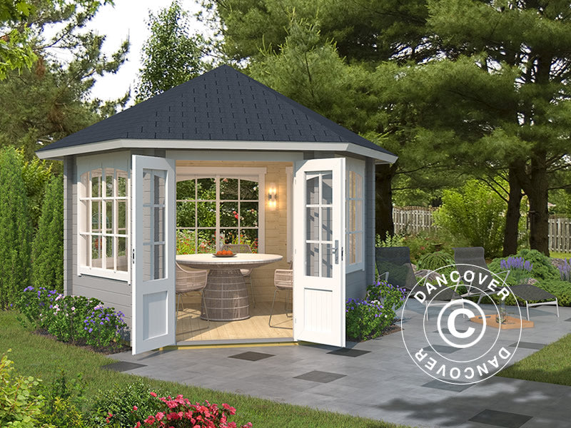 Tonnelle en bois Alicante, hexagonale 3,5x3,03x3,07m, 44mm, Gris clair