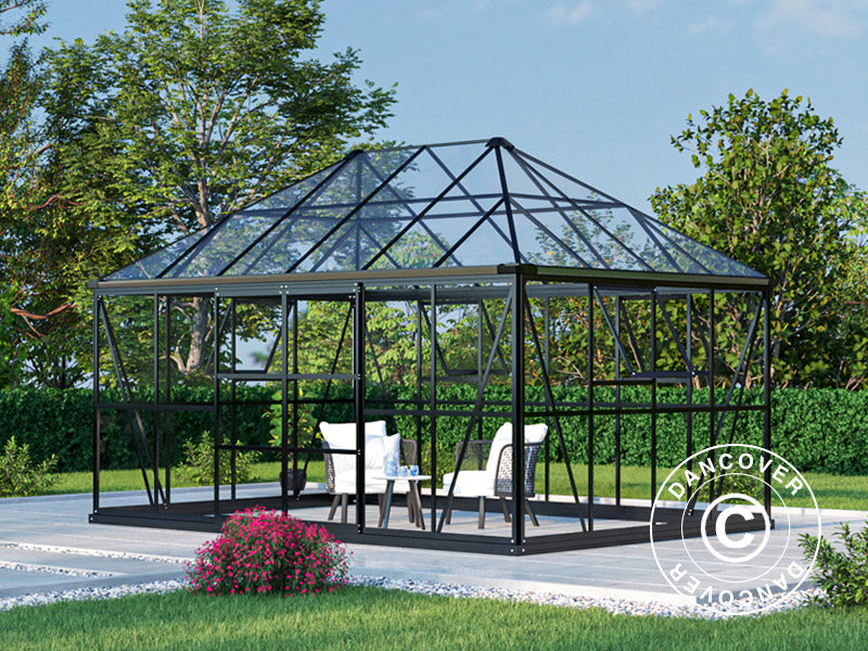 Serra orangerie, gazebo in vetro 12m², 4,2x2,86x2,84m con base, Nero