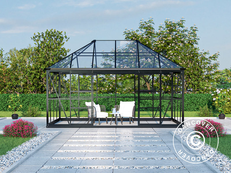 Serra orangerie, gazebo in vetro 12m², 4,2x2,86x2,84m con base, Nero