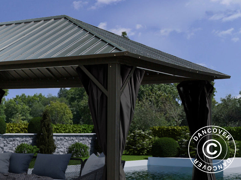 Gazebo San Bernardino con tende e zanzariera, 3,65x4,85m, Nero