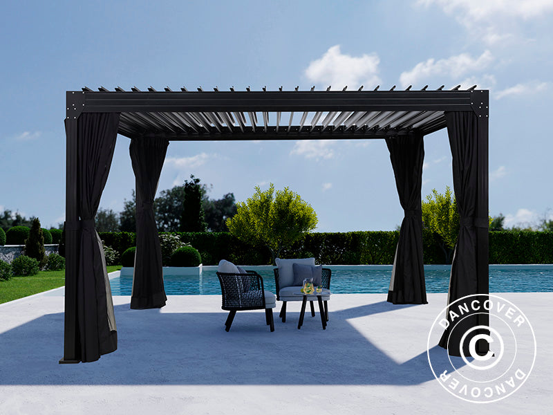 Pergola bioclimatique Monterey, 3x4m, avec rideaux et moustiquaire, Noir
