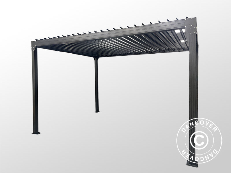 Gazebo pergola bioclimatico Monterey, 3x4m, con tendine e zanzariera, Nero
