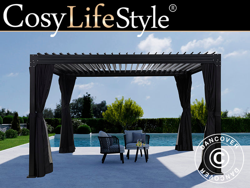 Pergola bioclimatique Monterey, 3x4m, avec rideaux et moustiquaire, Noir