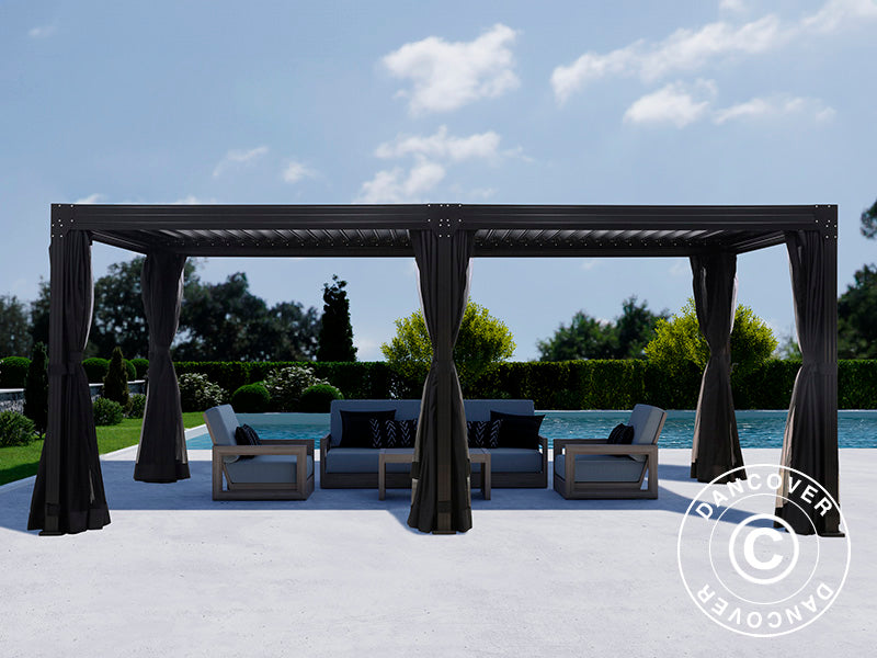 Gazebo pergola bioclimatico Monterey, 3x6m, con tendine e zanzariera, Nero