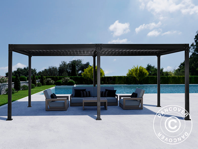 Gazebo pergola bioclimatico Monterey, 3x6m, con tendine e zanzariera, Nero