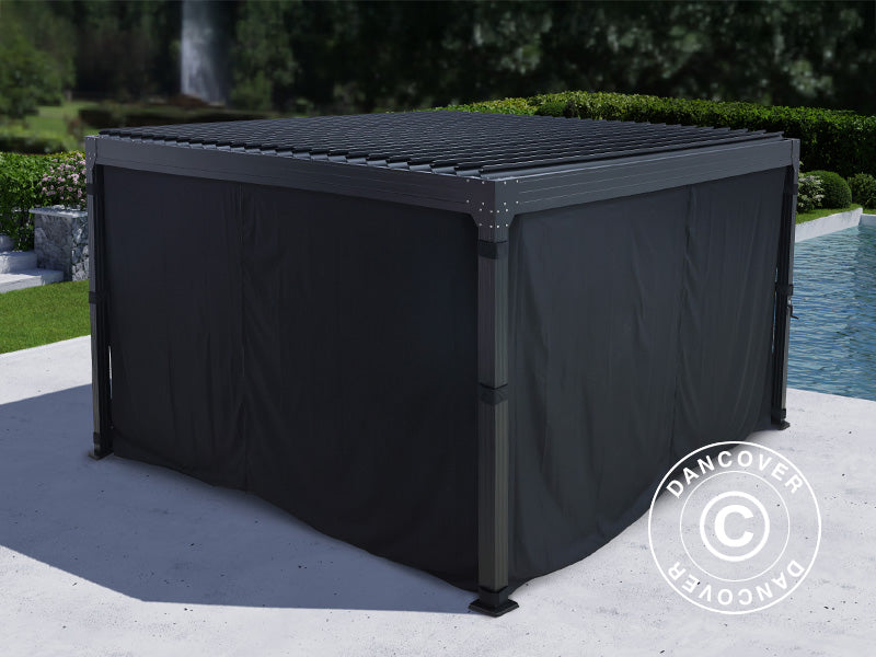 Pergola bioclimatique Monterey, 4x4m, avec rideaux et moustiquaire, Noir