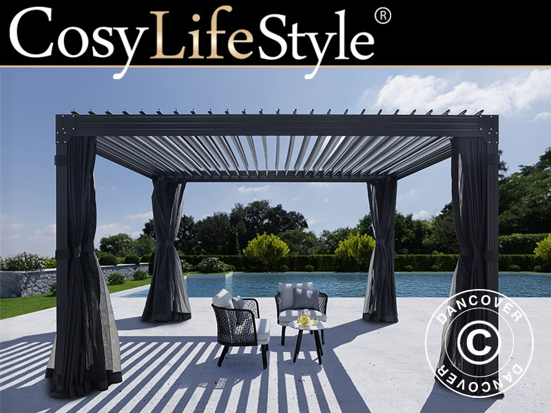 Pergola bioclimatique Monterey, 4x4m, avec rideaux et moustiquaire, Noir