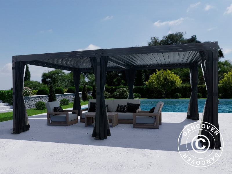 Pergola bioclimatique Monterey, 4x6m, avec rideaux et moustiquaire, Noir
