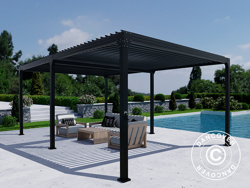 Pergola bioclimatique Monterey, 4x6m, avec rideaux et moustiquaire, Noir