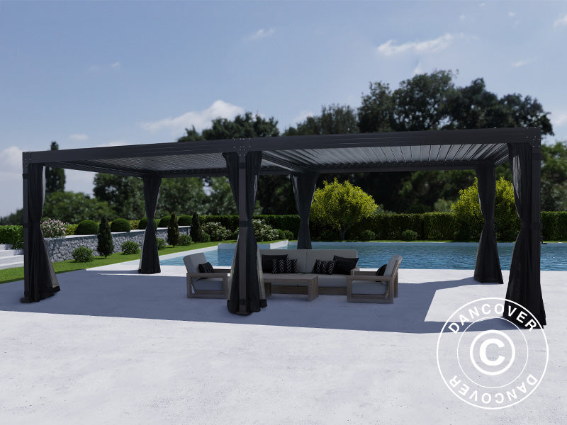 Pergola bioclimatique Monterey, 4x8m, avec rideaux et moustiquaire, Noir