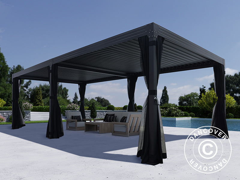 Pergola bioclimatique Monterey, 4x8m, avec rideaux et moustiquaire, Noir