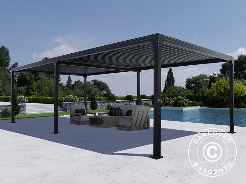 Pergola bioclimatique Monterey, 4x8m, avec rideaux et moustiquaire, Noir