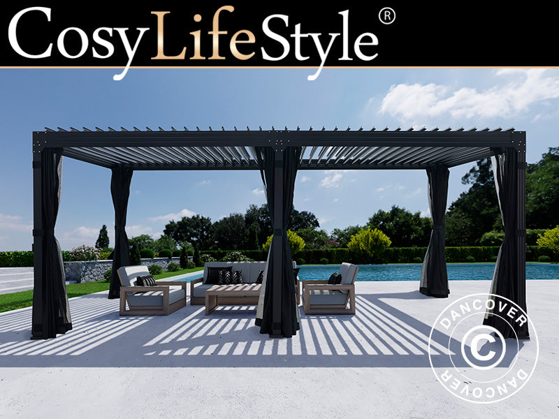 Pergola bioclimatique Monterey, 4x8m, avec rideaux et moustiquaire, Noir