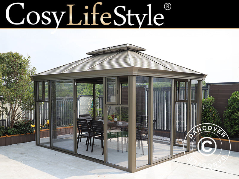 Gazebo San Bruno con pareti laterali in policarbonato, 3x4m, Ottone