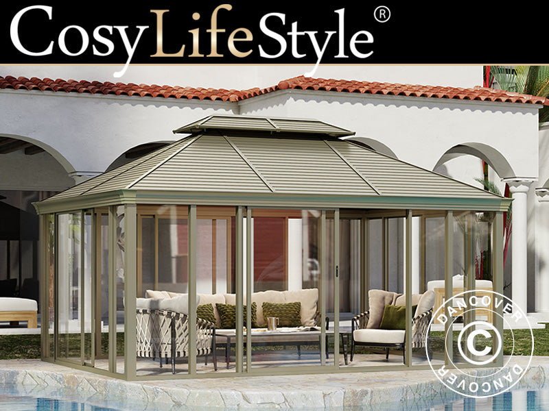 Gazebo San Bruno con pareti laterali in policarbonato, 3,6x5m, Ottone