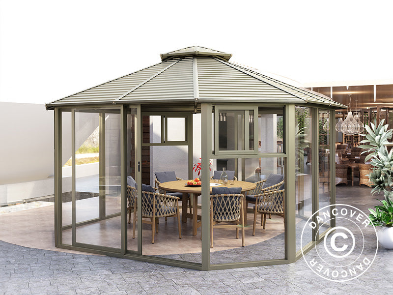 Gazebo San Bruno con pareti laterali in policarbonato, ottagonale 4,35x4,35m, Ottone