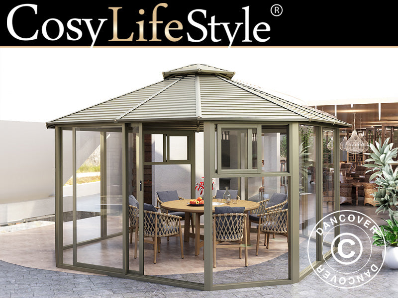 Gazebo San Bruno con pareti laterali in policarbonato, ottagonale 4,35x4,35m, Ottone