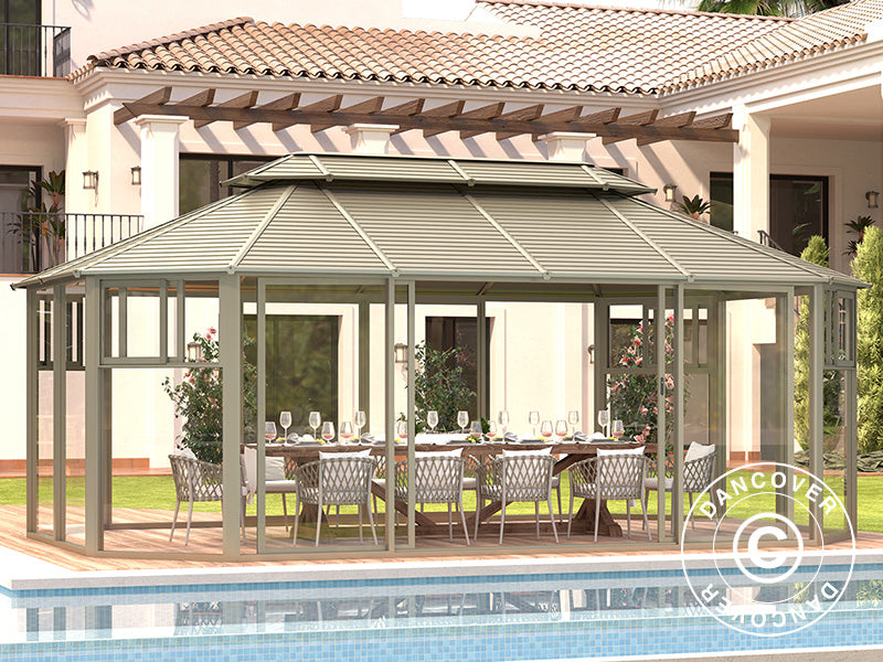 Gazebo San Bruno con pareti laterali in policarbonato, ottagonale 4,35x6,6m, Ottone