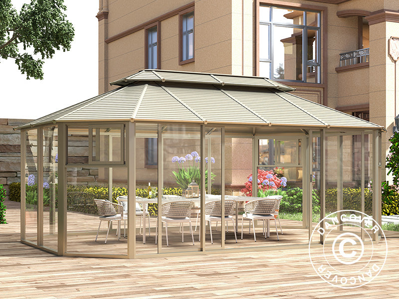 Gazebo San Bruno con pareti laterali in policarbonato, ottagonale 4,35x6,6m, Ottone