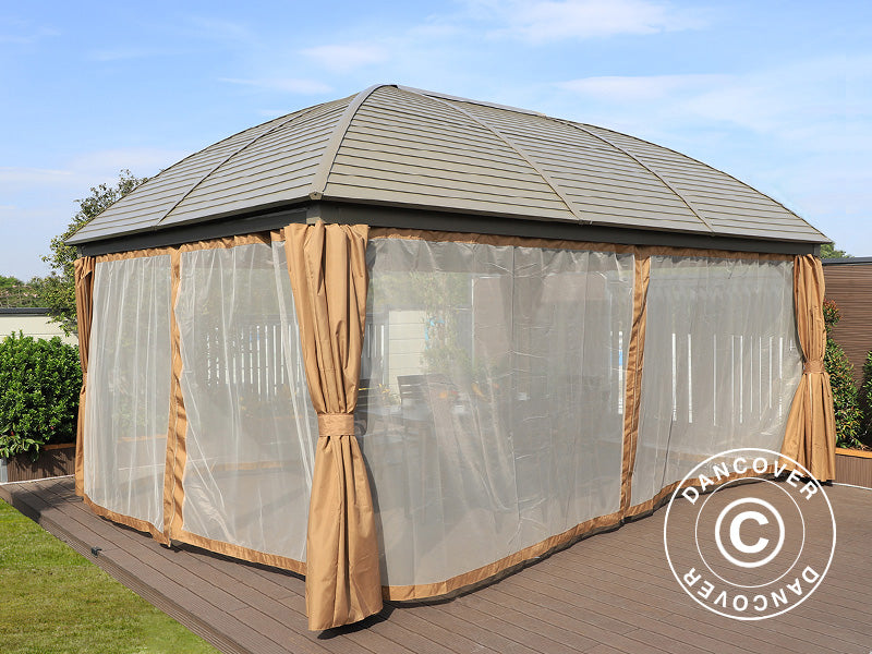 Gazebo San Jose con tendine e zanzariera, 3,6x5m, Ottone/Beige