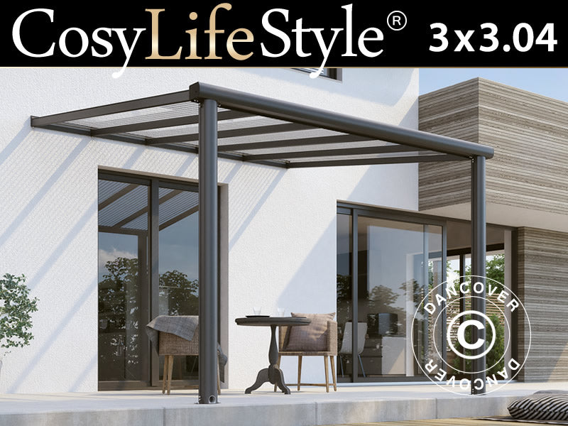 Terrassenüberdachung Compact aus Polycarbonat, 3x3,04m, Anthrazit