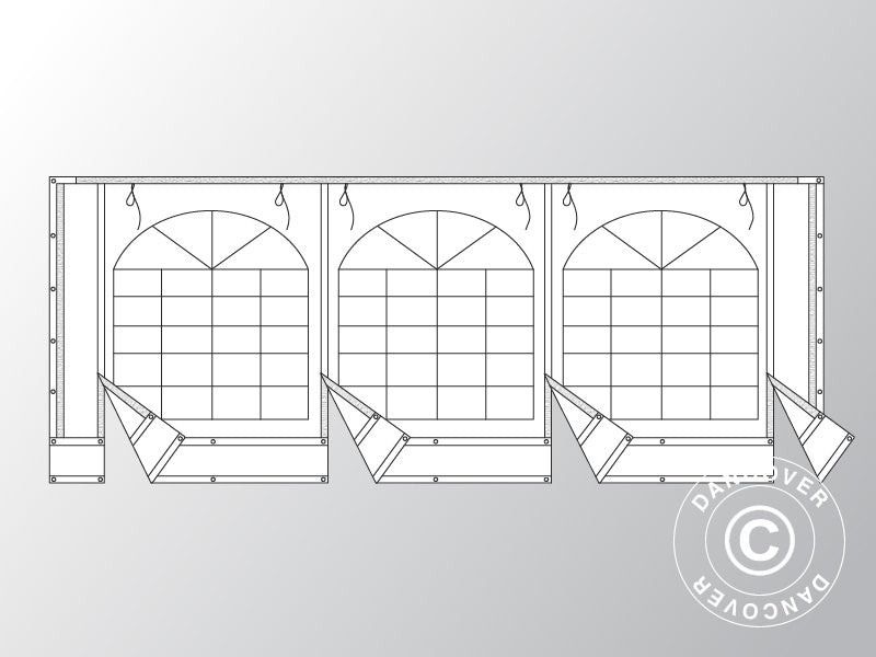 Giebelwand mit großem Fenster und breiter Tür, 6m, flammfestes PVC, weiß/grau