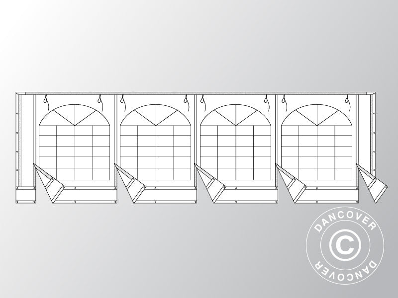 Giebelwand mit großem Fenster und breiter Tür, 8m, flammfestes PVC, weiß