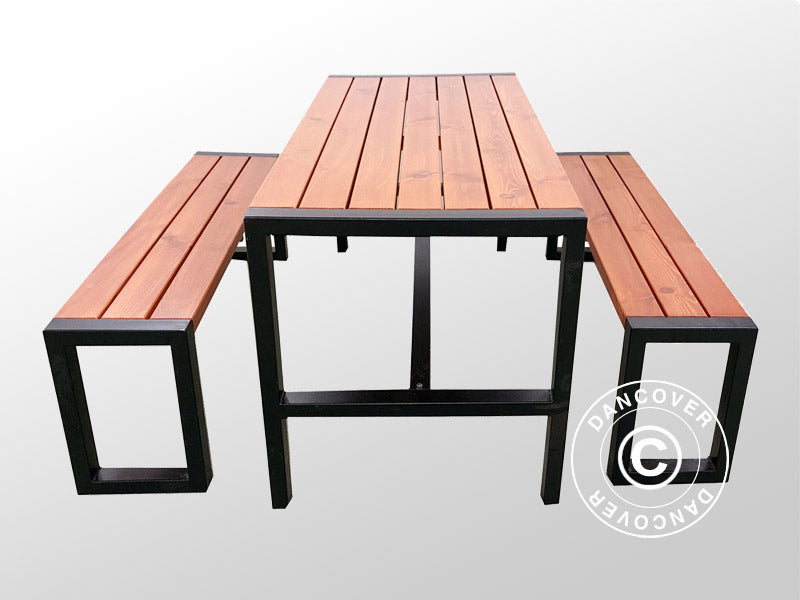 Tavolo da picnic con 2 panche, 166x70cm/150x30cm, Legno scuro/Nero