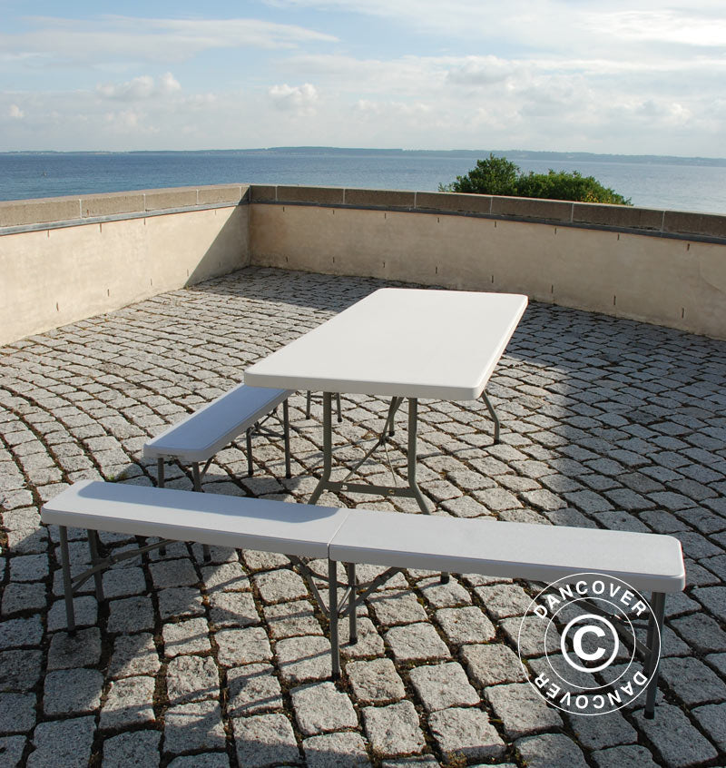 Party-Paket, 1 Klapptisch (180cm) + 2 Bänke (183cm), Hellgrau