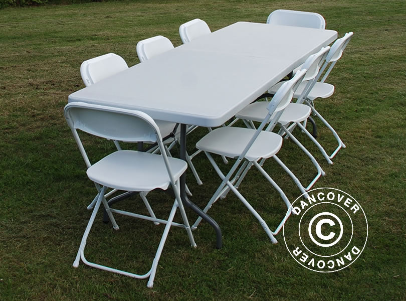 Parti forfait, 1 table pliante (240cm) + 8 chaises pliantes, Gris clair/Blanc