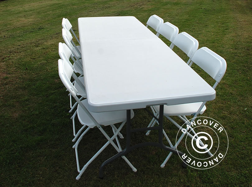 Parti forfait, 1 table pliante (240cm) + 8 chaises pliantes, Gris clair/Blanc