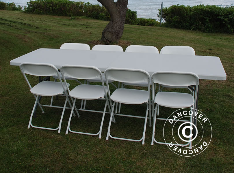 Parti forfait, 1 table pliante (240cm) + 8 chaises pliantes, Gris clair/Blanc